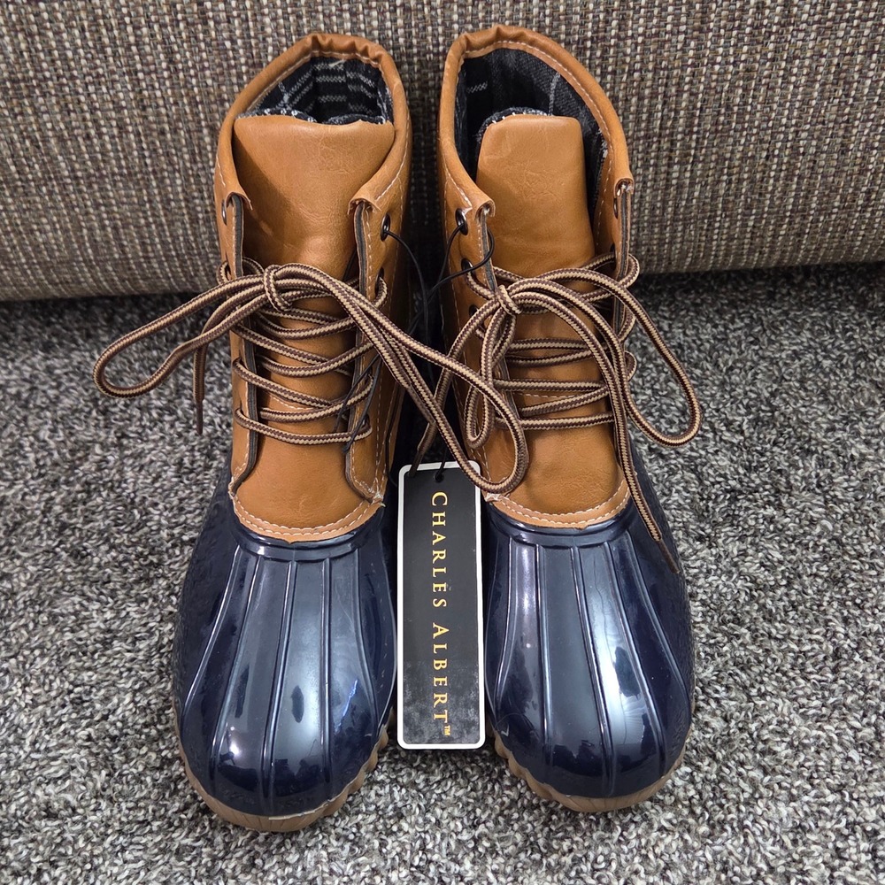 Charles Albert Women Duck Boots Navy Blue Tan Vegan Leather Plaid Lined Size 6